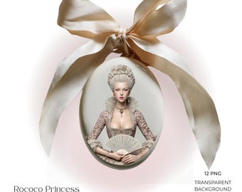 May include: An oval ceramic pendant featuring an illustration of a person with an elaborate powdered hairstyle, wearing a patterned bodice with a high ruffled collar and holding a handheld fan, topped with a large, light beige satin ribbon bow.