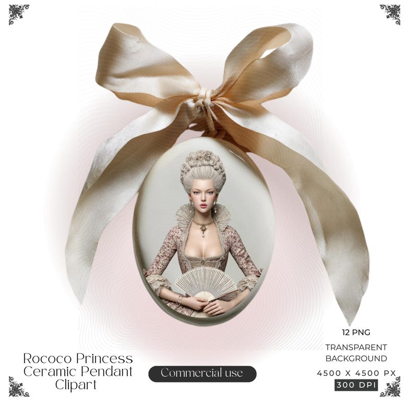May include: An oval ceramic pendant featuring an illustration of a person with an elaborate powdered hairstyle, wearing a patterned bodice with a high ruffled collar and holding a handheld fan, topped with a large, light beige satin ribbon bow.