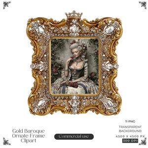 May include: A rectangular gold frame featuring intricate scrollwork, a crown motif at the top, and embedded clear crystals. The frame contains an illustration of a person in an elaborate period gown and powdered wig holding a red rose.