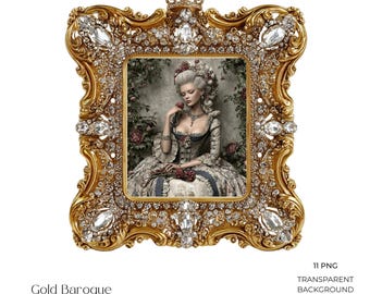 May include: A rectangular gold frame featuring intricate scrollwork, a crown motif at the top, and embedded clear crystals. The frame contains an illustration of a person in an elaborate period gown and powdered wig holding a red rose.