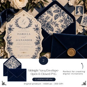 May include: A die-cut wedding invitation card with navy blue floral borders and gold star accents, paired with a deep navy blue velvet envelope featuring a gold wax seal and a matching floral patterned envelope liner on a textured background.