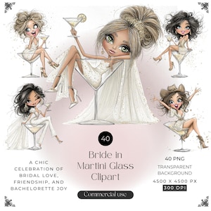 Puede incluir: Clipart digital con ilustraciones de mujeres en copas de martini, con el texto "Bride in Martini Glass Clipart". La imagen incluye el texto "A chic celebration of bridal love, friendship, and bachelorette joy."