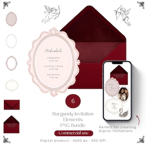 May include: A digital bundle featuring burgundy envelopes, oval frames, and cherub illustrations. A smartphone displays invitation templates with photos and text. The text reads Schedule, CEREMONY 5:00 PM, COCKTAIL HOUR 6:00 PM, RECEPTION 7:00 PM, and Burgundy Invitation Elements PNG Bundle.