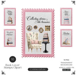 May include: A collection of digital stamp-shaped graphics featuring book-themed illustrations. The central design displays a floral armchair, a stack of books, and the text Collecting stories like treasures, surrounded by four smaller stamp designs.