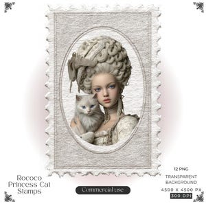 May include: A digital stamp graphic featuring a portrait of a person with an elaborate, high-piled, light-coloured hairstyle and a white cat. The image is framed within an oval border on a textured, rectangular postage stamp background.