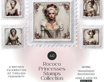 May include: A digital collection of 40 PNG stamp images featuring portraits of individuals in elaborate period attire with floral accents. The text reads: 40 Rococo Princesses Stamps Collection, A REFINED CELEBRATION OF TIMELESS FEMININITY, 40 PNG TRANSPARENT BACKGROUND, 4500 X 4500 PX, 300 DPI, Commercial use.