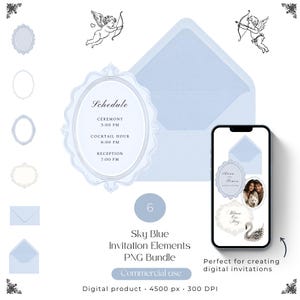 May include: A digital bundle of sky blue invitation elements including oval frames, envelopes, and cherub illustrations. The central invitation card displays the text Schedule, Ceremony 5:00 PM, Cocktail Hour 6:00 PM, and Reception 7:00 PM.