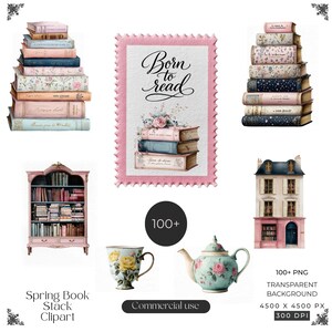 Può includere: Una collezione digitale di clipart a tema primaverile con pile di libri, una libreria, una tazza da tè, una teiera e l'illustrazione di un edificio. Il set include una grafica a forma di francobollo con il testo Born to read e motivi floreali.