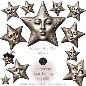 May include: A collection of 14 metallic silver star-shaped illustrations with human faces displaying various expressions, including smiling, crying, and pouting. The text reads: Vintage Star Face Clipart, 14 Victorian Star Faces Bundle, 14 PNG, 5016 PX, 300 DPI, COMMERCIAL USE.
