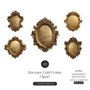 May include: A collection of five ornate, gold-colored baroque frames in various shapes, including oval and shield designs. The image includes text that reads "Baroque Gold Frame Clipart" and "Commercial use."