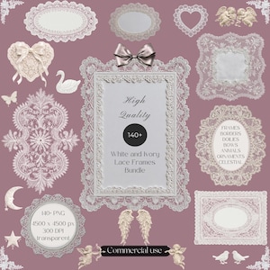 May include: A collection of white and ivory lace frames, borders, doilies, bows, and ornaments. The image includes a variety of shapes, such as oval, heart, and rectangular frames, with the text "High Quality" and "White and Ivory Lace Frames Bundle".