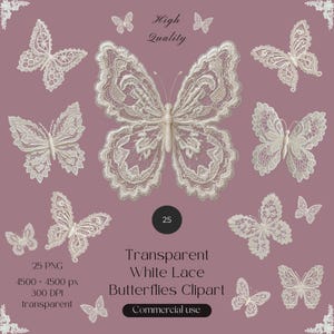 Może przedstawiać: Kolekcja ilustracji białych motyli z koronki na wrzosowym tle. Tekst zawiera napisy High Quality, 25, Transparent White Lace Butterflies Clipart, 25 PNG, 4500 x 4500 px, 300 DPI, transparent, oraz Commercial use.