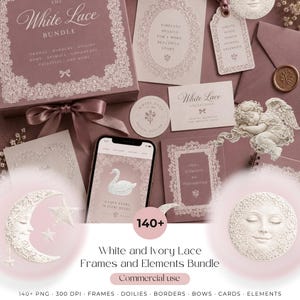 Puede incluir: Un paquete de diseño digital titulado The White Lace Bundle con papelería, tarjetas y etiquetas en tonos malva con intrincados patrones de encaje blanco. La colección incluye gráficos de un ángel durmiente, un cisne, una luna y un sol.