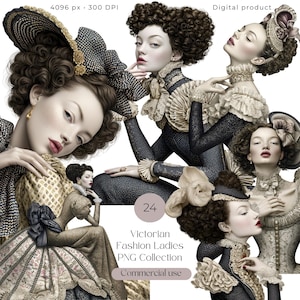 May include: A digital collection of 24 Victorian fashion ladies featuring detailed illustrations of figures in period clothing with lace, ruffles, and elaborate hairstyles. The text reads 4096 px 300 DPI, digital product, 24, Victorian Fashion Ladies PNG Collection, and Commercial use.