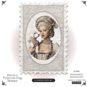 May include: A digital stamp graphic featuring a portrait of a person with an elaborate braided hairstyle and a pearl choker, holding a small white dog. The image is framed within an oval border on a rectangular postage stamp shape with serrated edges.