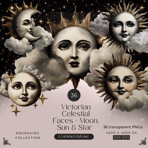 Puede incluir: Una colección digital de 36 rostros celestiales victorianos con ilustraciones de sol, luna y estrellas. Los gráficos incluyen rostros grabados rodeados de nubes y rayos dorados sobre un fondo estrellado. El texto dice 36 Victorian Celestial Faces - Moon, Sun & Star, 36 transparent PNGs, 4500 X 4500 PX, 300 DPI y ENGRAVING COLLECTION.