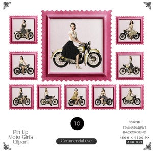 May include: A collection of ten pink postage stamp-style images featuring women on vintage motorcycles. The central image shows a woman in a black skirt and white top on a gold motorcycle. The text "Pin Up Moto Girls Clipart" is visible.