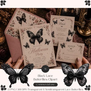 May include: A set of digital Halloween party invitation templates featuring black lace butterfly graphics, floral borders, and text including Join Us for a Halloween Party, Details, and RSVP. The collection includes 13 transparent PNG files.