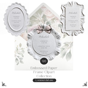 May include: Three white embossed paper frames with scalloped or ornate edges, each displaying the text Schedule, Ceremony 5:00 PM, Cocktail Hour 6:00 PM, and Reception 7:00 PM. The central circular frame features a small grey bow at the top.