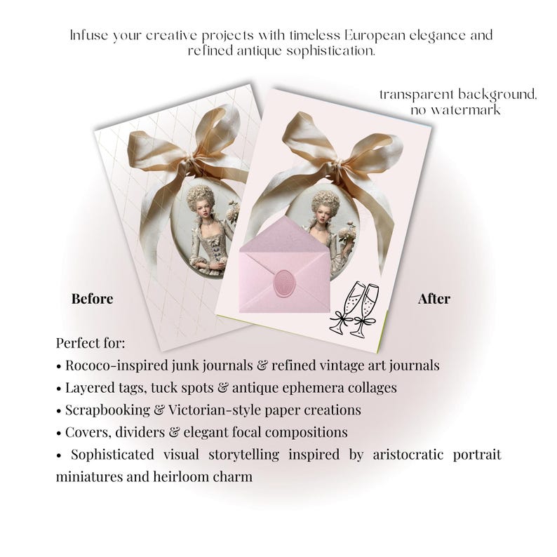 May include: Two digital graphic design elements featuring an oval portrait of a person in 18th-century attire with a large beige ribbon bow. The second element includes a light pink envelope with a wax seal and two black line-art champagne flutes.
