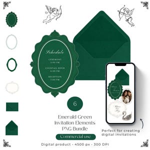 May include: A digital bundle of emerald green invitation elements including oval frames, envelopes, and cherub illustrations. A smartphone displays a sample invitation design featuring a couple and a swan. Text includes Schedule, Ceremony, Cocktail Hour, Reception.