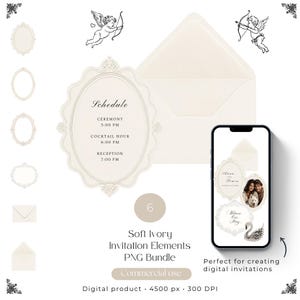 Digital Invitation PNG Baroque Frame Clipart Soft Envelope Wedding Invite Bundle Rococo Ornate Oval Old Money Stationery Kit, Commercial