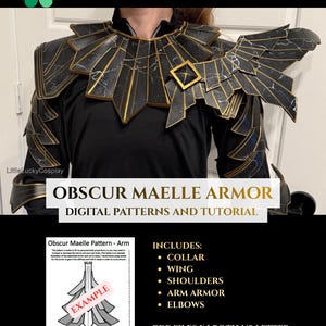 Può includere: Modello digitale e tutorial per l'armatura Obscur Maelle nera e oro. L'armatura include colletto, ala, spalle, armatura per le braccia e gomiti. Disponibile nei formati US Letter e A4. Design in marmo nero con dettagli dorati.