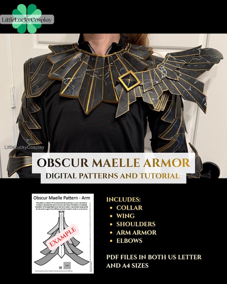 May include: Black and gold Obscur Maelle armor, a digital pattern and tutorial. The armor includes a collar, wing, shoulders, arm armor, and elbows. The pattern is available in US Letter and A4 sizes. The armor has a black marble design with gold accents.