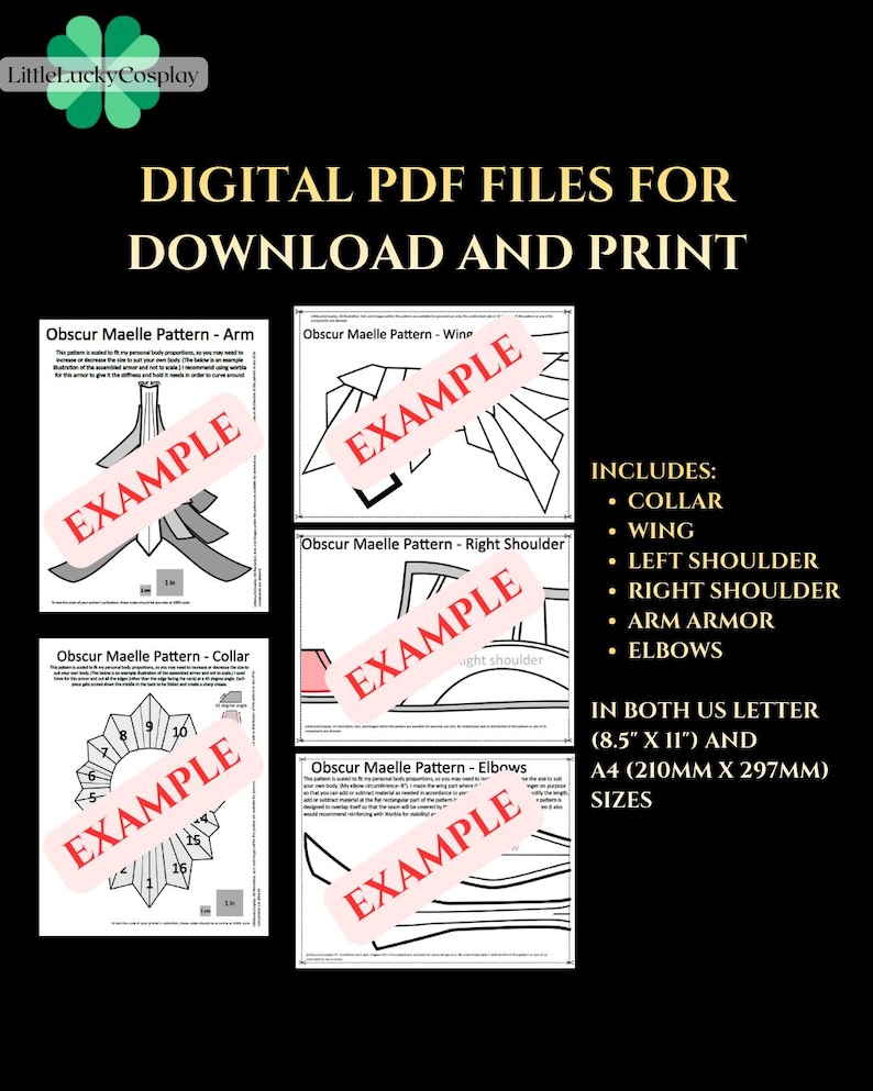 May include: Digital PDF files for download and print. Includes patterns for collar, wing, left shoulder, right shoulder, arm armor, and elbows. Available in US Letter (8.5" x 11") and A4 (210mm x 297mm) sizes. The image shows examples of the patterns.