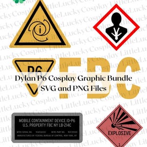 Può includere: Un pacchetto di grafica digitale con segnali di avvertimento in stile pericolo, tra cui un triangolo giallo con un simbolo nero, un rombo rosso con una silhouette, un'etichetta P6 e una targa rettangolare nera con il testo MOBILE CONTAINMENT DEVICE ID-P6.