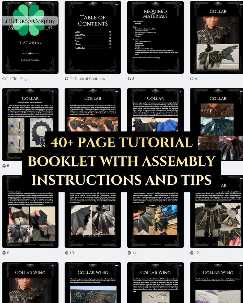 May include: A tutorial booklet with assembly instructions and tips. The booklet has over 40 pages and includes images of a collar and collar wing. The cover features the text "LittleLucky Cosplay" and "Tutorial".