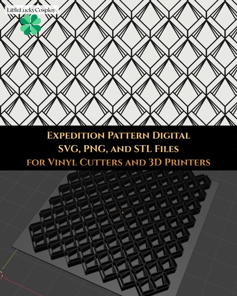 Puede incluir: Patr&oacute;n digital Expedition en archivos SVG, PNG y STL para cortadores de vinilo e impresoras 3D. El dise&ntilde;o presenta un patr&oacute;n geom&eacute;trico repetitivo de diamantes y l&iacute;neas negras sobre un fondo claro. Tambi&eacute;n se muestra un modelo 3D.