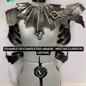 May include: Black and gold cosplay armor displayed on a mannequin. The armor features intricate geometric designs and a marble-like texture. The text "EXAMPLE OF COMPLETED ARMOR - NOT INCLUDED IN LISTING" is visible.