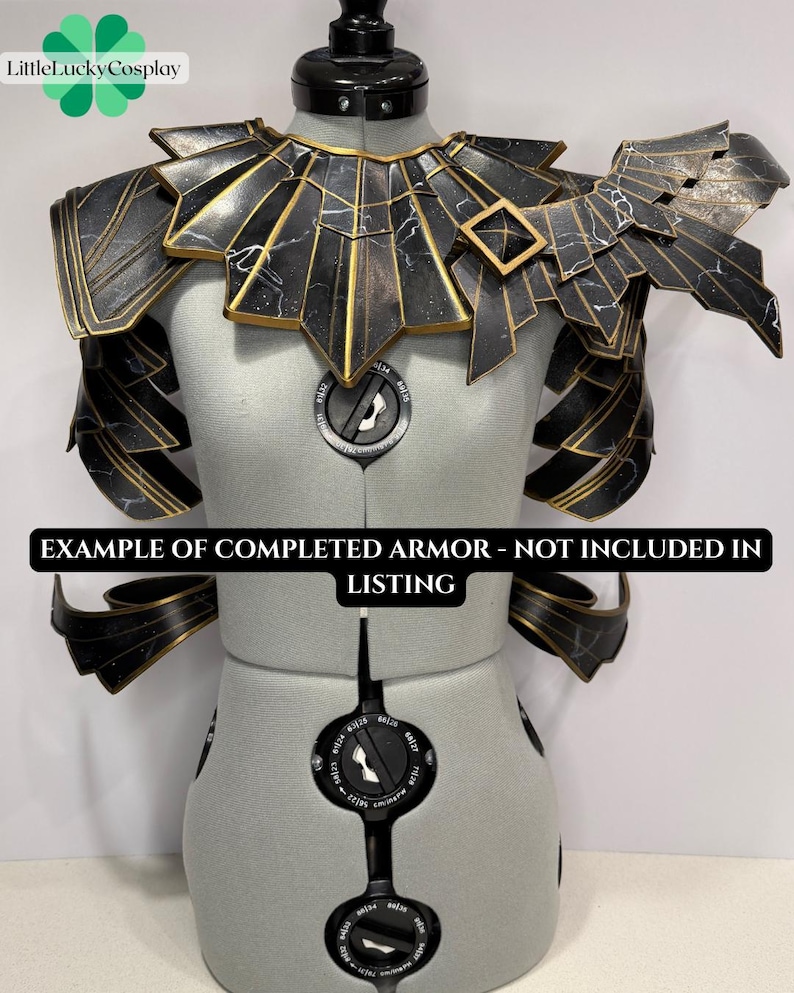 May include: Black and gold cosplay armor displayed on a mannequin. The armor features intricate geometric designs and a marble-like texture. The text "EXAMPLE OF COMPLETED ARMOR - NOT INCLUDED IN LISTING" is visible.