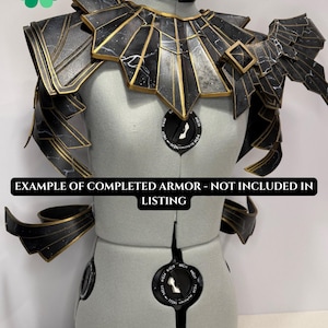 May include: Black and gold cosplay armor displayed on a mannequin. The armor features a geometric design with gold accents and a marble-like pattern. The text "EXAMPLE OF COMPLETED ARMOR - NOT INCLUDED IN LISTING" is visible.