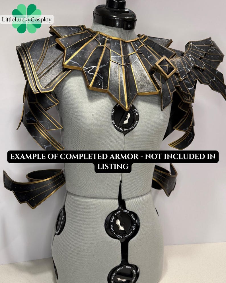 May include: Black and gold cosplay armor displayed on a mannequin. The armor features a geometric design with gold accents and a marble-like pattern. The text "EXAMPLE OF COMPLETED ARMOR - NOT INCLUDED IN LISTING" is visible.
