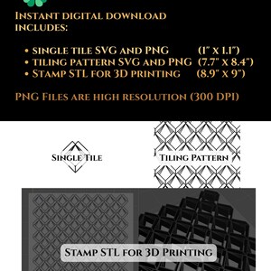 Puede incluir: Archivos de dise&ntilde;o gr&aacute;fico de descarga digital que incluyen archivos SVG y PNG para una sola baldosa (2,5 cm x 2,8 cm), un patr&oacute;n de mosaico (19,6 cm x 21,3 cm) y un sello STL para impresi&oacute;n 3D (22,6 cm x 22,9 cm).