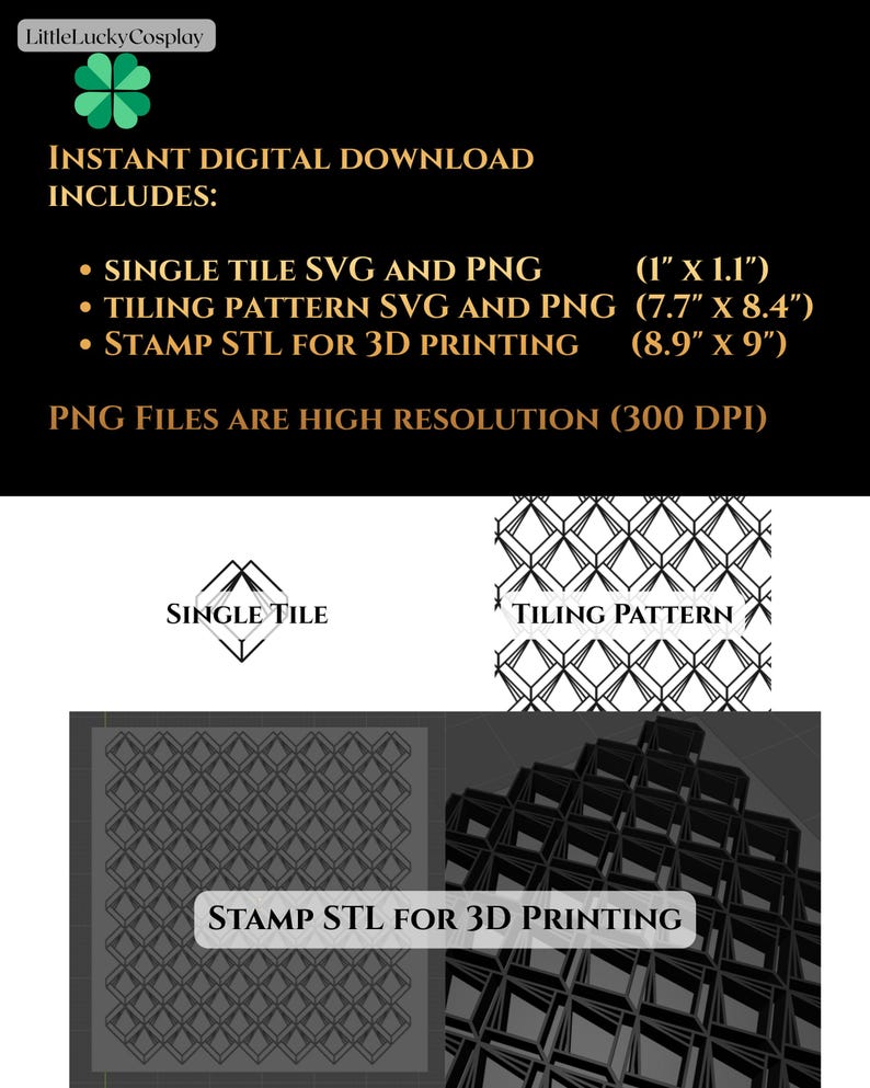 Puede incluir: Archivos de dise&ntilde;o gr&aacute;fico de descarga digital que incluyen archivos SVG y PNG para una sola baldosa (2,5 cm x 2,8 cm), un patr&oacute;n de mosaico (19,6 cm x 21,3 cm) y un sello STL para impresi&oacute;n 3D (22,6 cm x 22,9 cm).