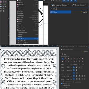 Puede incluir: Captura de pantalla de la interfaz del software Inkscape, que muestra el men&uacute; Efectos de ruta y las opciones de Mosaico. Se proporcionan instrucciones sobre c&oacute;mo crear un patr&oacute;n de mosaico utilizando un &uacute;nico archivo SVG. El texto explica c&oacute;mo ajustar Espacio X, Espacio Y y Porcentaje de Desplazamiento.