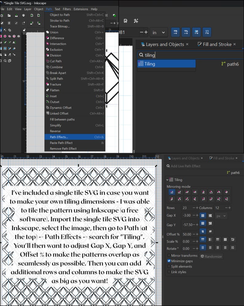 Puede incluir: Captura de pantalla de la interfaz del software Inkscape, que muestra el men&uacute; Efectos de ruta y las opciones de Mosaico. Se proporcionan instrucciones sobre c&oacute;mo crear un patr&oacute;n de mosaico utilizando un &uacute;nico archivo SVG. El texto explica c&oacute;mo ajustar Espacio X, Espacio Y y Porcentaje de Desplazamiento.