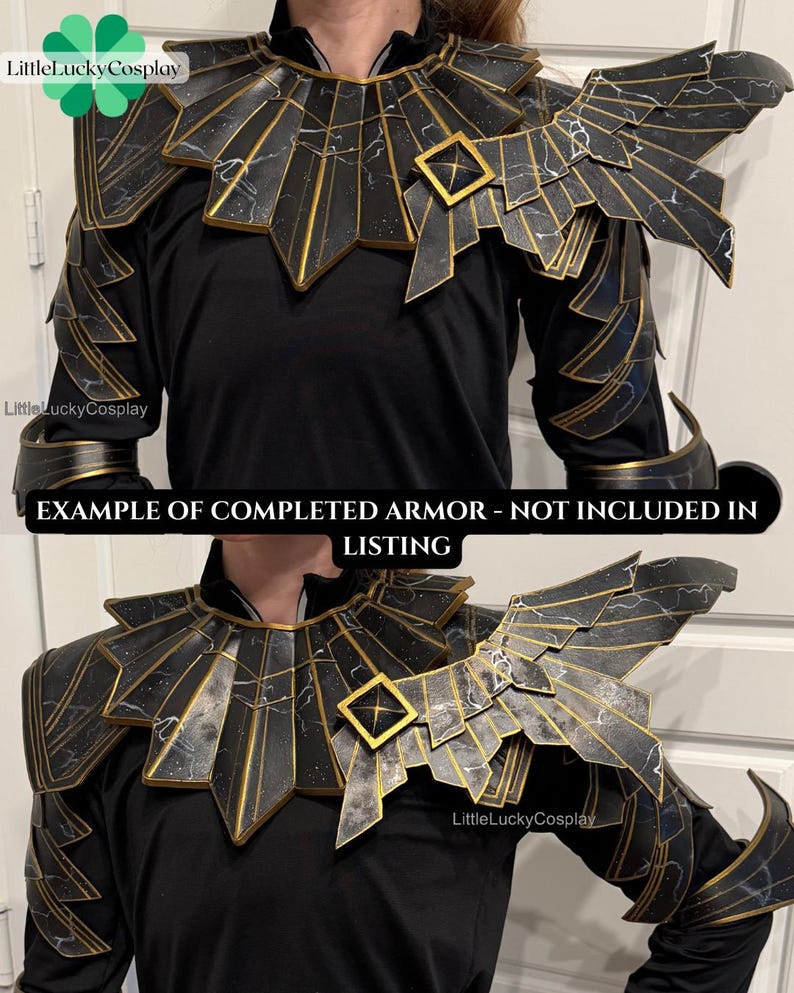 May include: Black and gold cosplay armor with a geometric design. The armor features a collar, shoulder pauldrons, and arm bracers. The armor has a black base with gold accents and a lightning bolt pattern. The text "EXAMPLE OF COMPLETED ARMOR - NOT INCLUDED IN LISTING" is visible.