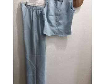 VTG 1970s Women's XS/S 2 Piece Set Powder Blue Button Up Vest & Wide Leg Pants