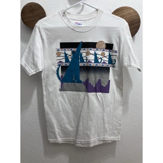 Vintage Deadstock 90s Hanes Beefy Shirt Southwestern Coyote Moon White Small