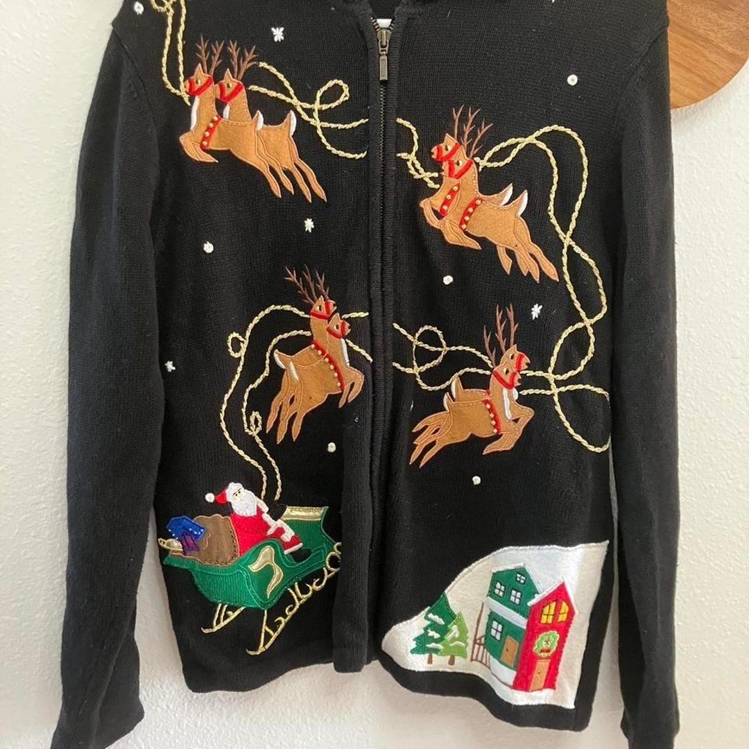 Vintage Black Wrap Around Santa and Reindeer Christmas Cardigan Women's ...