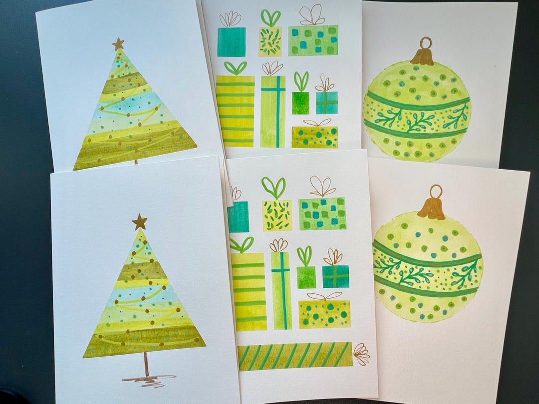 Hand Painted Holiday/christmas Cards Green Series, Set of 6 - Etsy