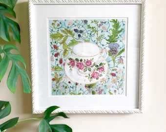 Framed Original Watercolour Painting, Teacup and Botanicals