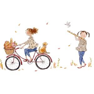 Girls Going on a Picnic, watercolour illustration, art print CHILDREN'S ILLUSTRATION