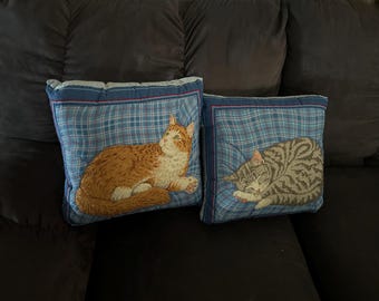 Hand-Quilted Cat Throw Pillow