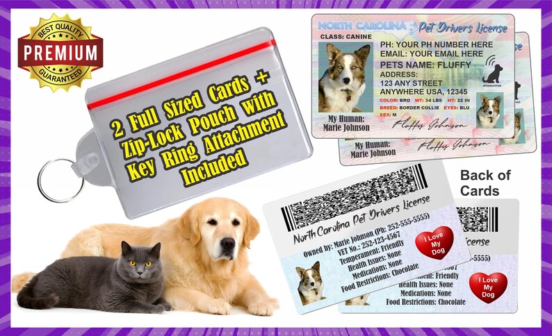 Peut inclure: Une pochette transparente avec fermeture &eacute;clair et porte-cl&eacute;s contenant deux cartes grand format. L'image pr&eacute;sente &eacute;galement un permis de conduire pour animaux de compagnie, un golden retriever, un chat gris et un chien.