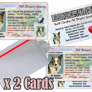 Peut inclure: Deux permis de conduire pour animaux de compagnie avec une photo d'un chien Border Collie nomm&eacute; Fluffy. Les permis incluent les informations du propri&eacute;taire, un code-barres et le texte "I Love My Dog". Ils sont dans une pochette en plastique transparent.
